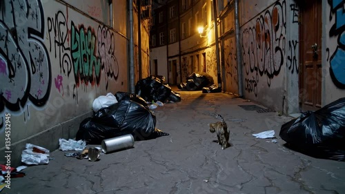 A low-angle video shot of a graffiti-covered alley at night, featuring a cat walking among trash bags, creating a gritty urban atmosphere.