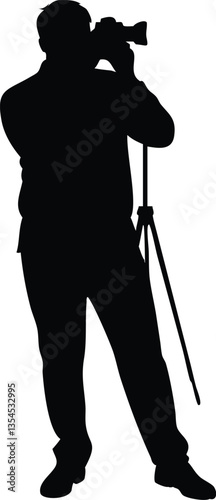 A silhouette of a photographer taking a picture with a camera on a tripod vector silhouette