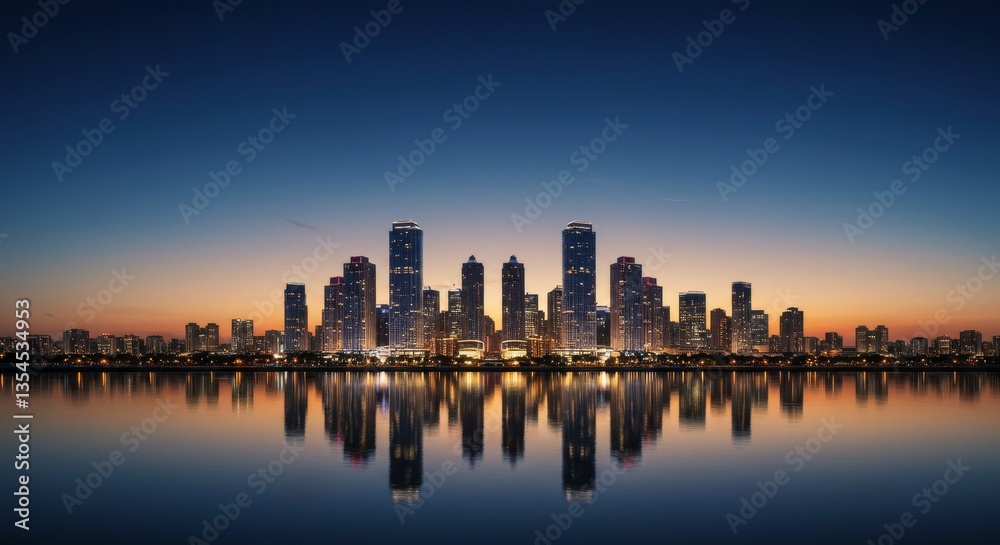 Fototapeta premium A Beautiful City Skyline Reflecting in Calm Water at Twilight