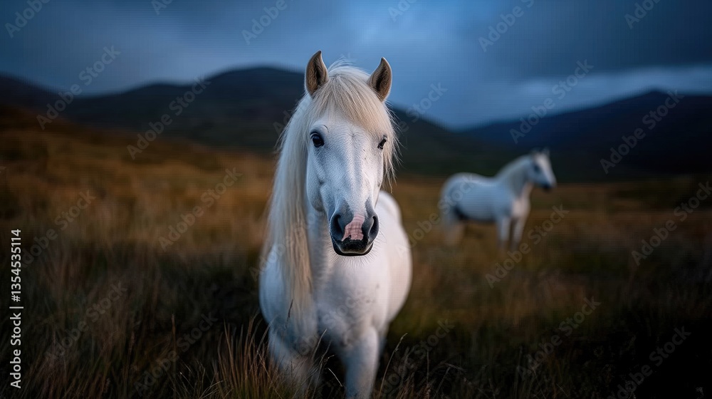 Majestic white horses in a misty mountain landscape. Majestic white horses in a misty mountain landscape.