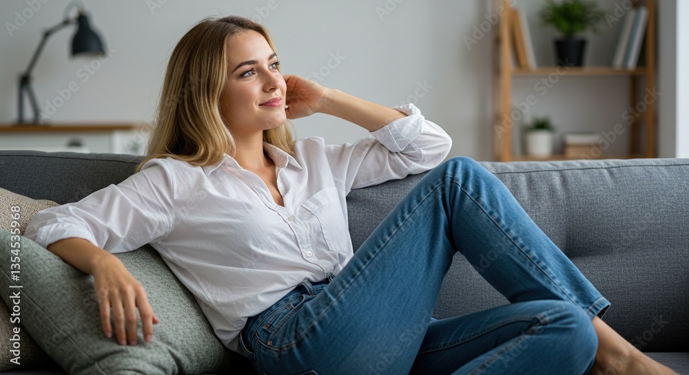 A blonde-haired woman relaxing on sofa. Generative Ai A blonde-haired woman relaxing on sofa. Generative Ai
