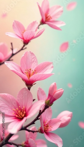 Abstract pink sakura petals swirl in a whimsical dance against a soft peach and mint green background , colors, floral, nature