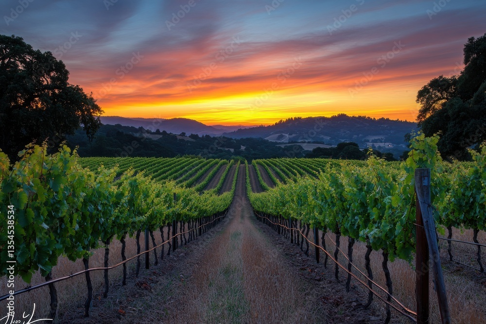 Fototapeta premium A vineyard landscape at sunset with rows of vines and a colorful sky in the background scene of nature
