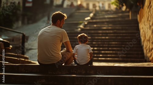 A smiling father kneels on steps, facing his young son, who stands opposite, both wearing backpacks.