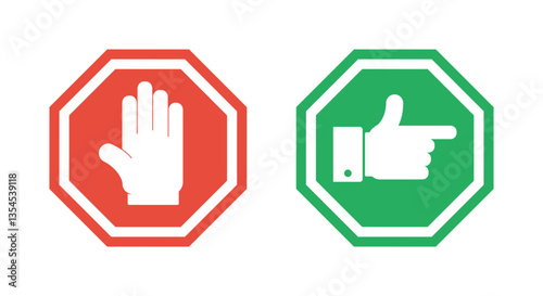 red stop road sign, octagonal warning pictogram, green go vector symbol, traffic regulation icons set