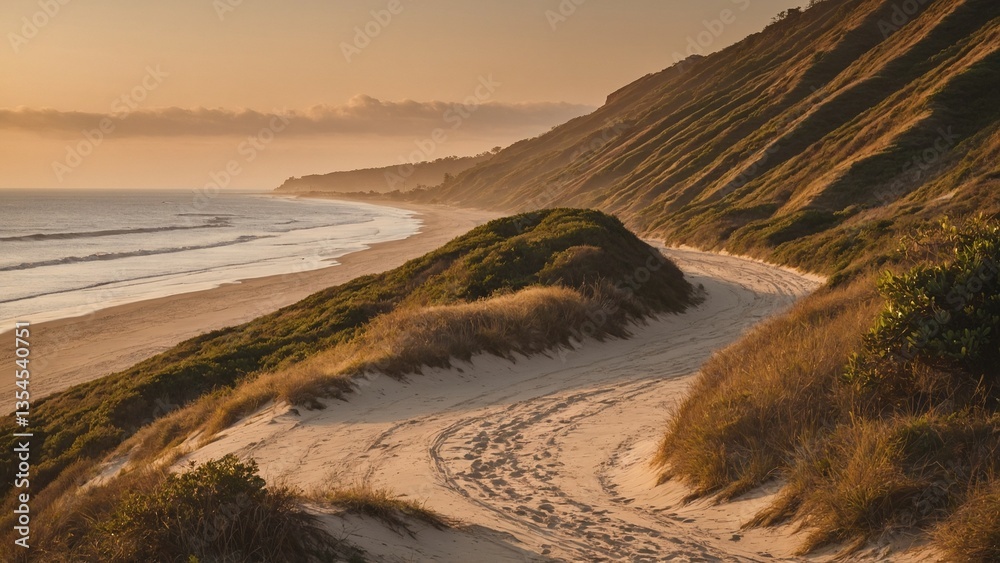 Coastal landscape with sandy path and rolling hills at sunset Coastal landscape with sandy path and rolling hills at sunset