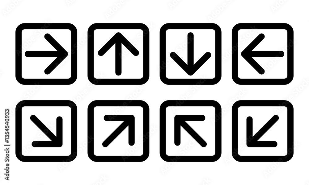 squared arrow icon set, left right up down direction outline signs