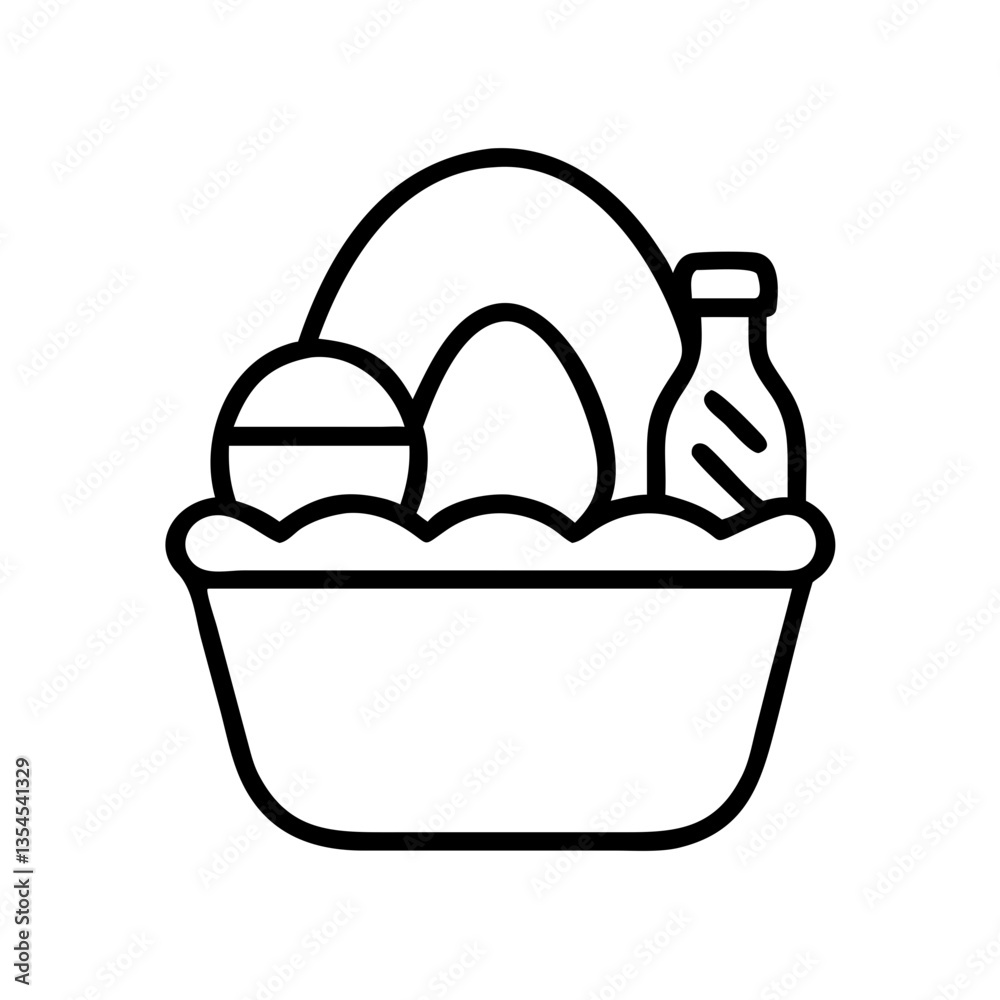 Icon Easter basket with eggs and bottle in simple line art Icon Easter basket with eggs and bottle in simple line art