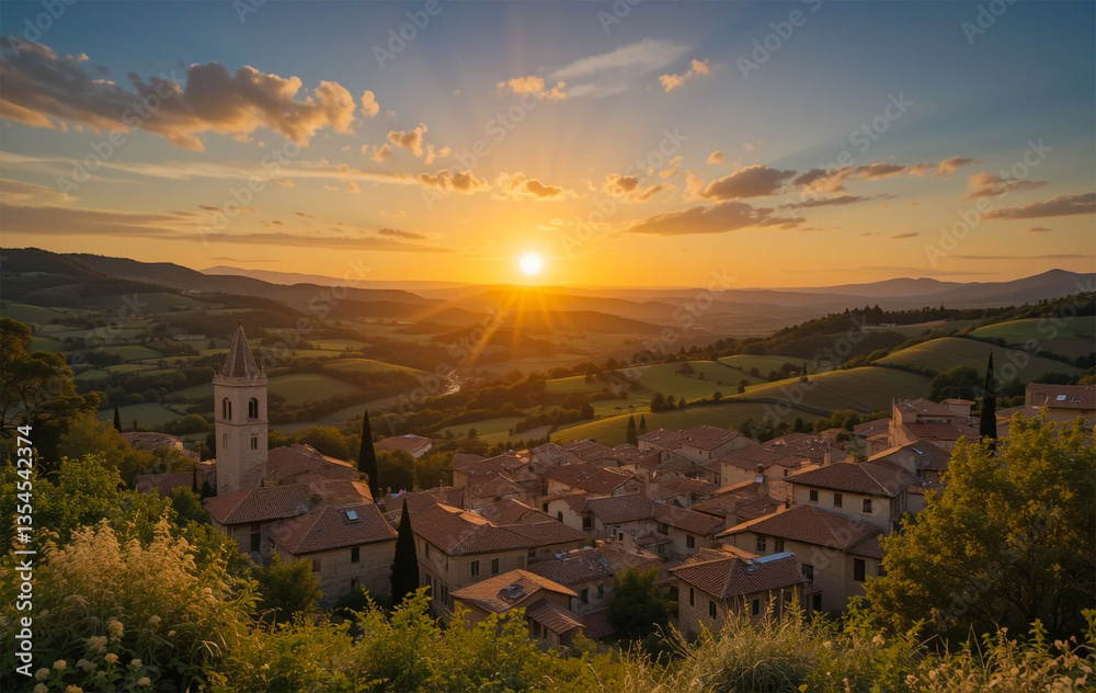 Obraz premium Golden sunset over rolling hills with village