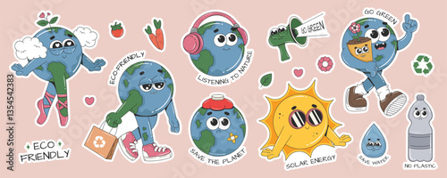 Eco stickers set with cartoon groovy characters for World Earth, Environment day. Eco friendly, save Earth, no plastic, environmental protection. Isolated vector illustrations