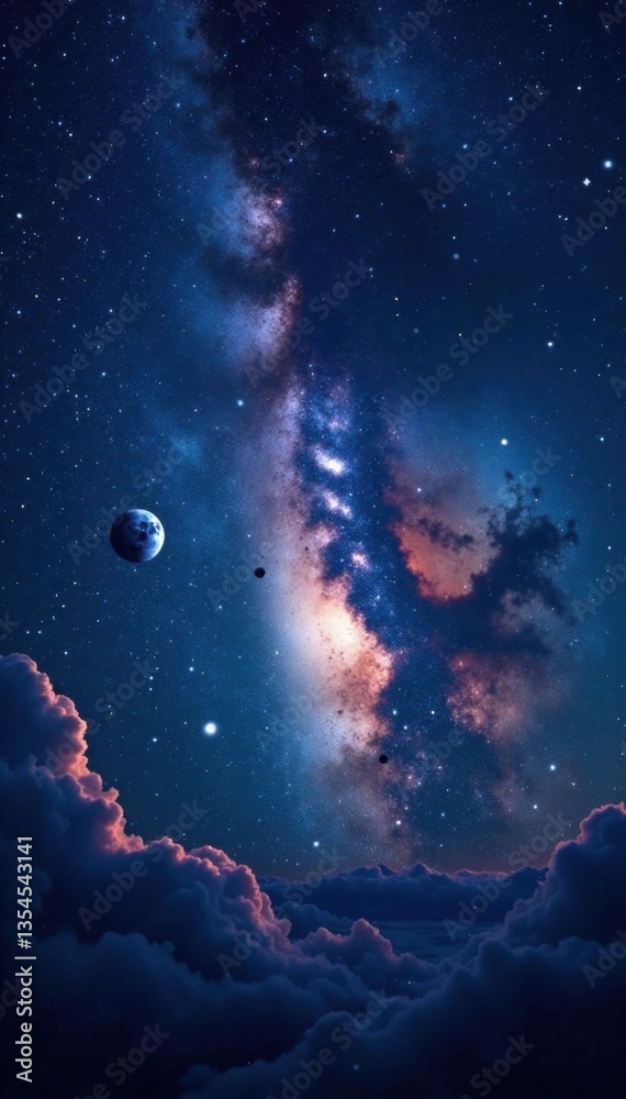 Milky Way galaxy with stars and planets in a dark blue sky, darkness, cosmos Milky Way galaxy with stars and planets in a dark blue sky, darkness, cosmos