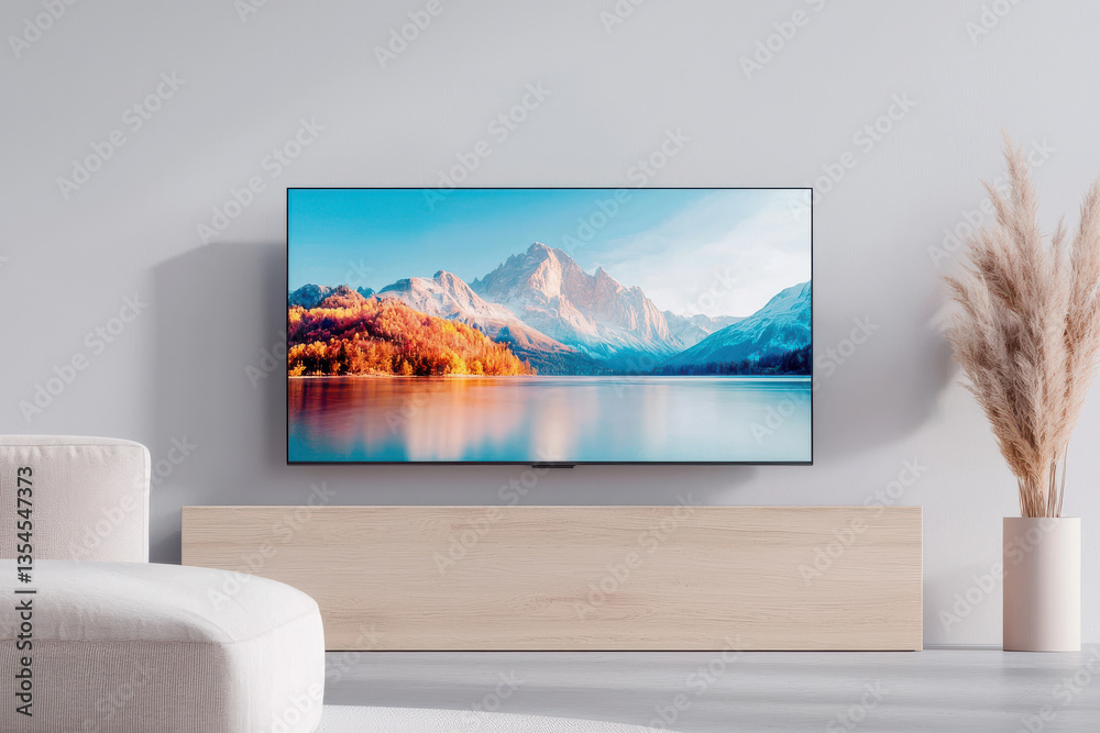 Fototapeta premium Modern living room with wall-mounted flat screen tv displaying mountain landscape