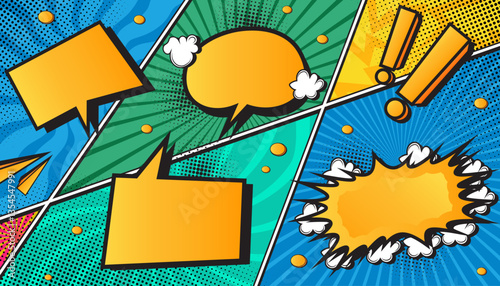 Colorful Retro Comic Explosion Background with Pop Art Style, Halftone Dots, Speech Bubbles, and Dynamic Action Bursts, Featuring a Set of Vibrant Comic Page Frames and blank Conversation Panels