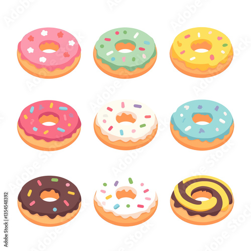 Assorted colorful iced donuts on white background