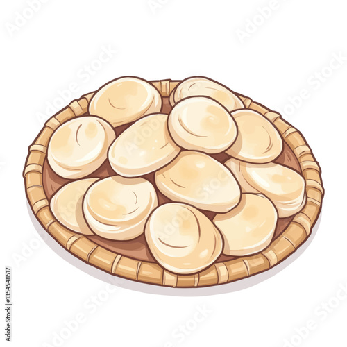 Basket of soft, white mochi sweets illustration