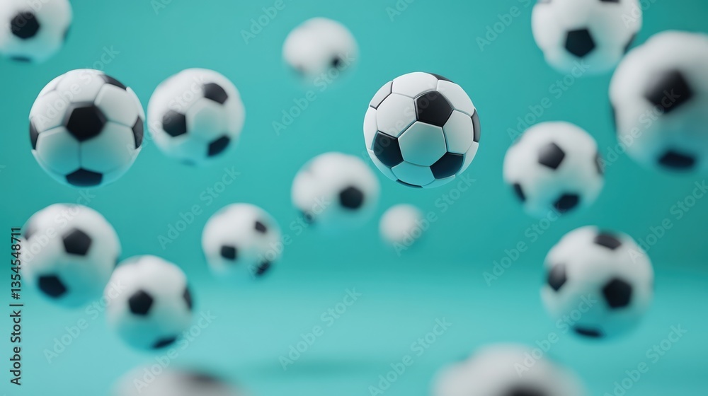 Fototapeta premium A collection of soccer balls appears to be floating against a solid light blue background.