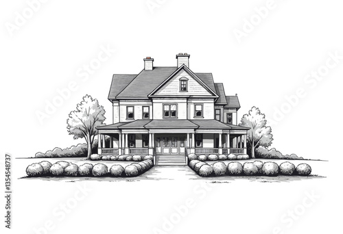 Black and White Sketch of Colonial Style House