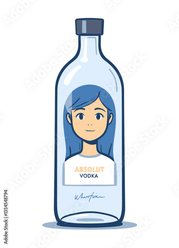 Blue-haired woman cartoon inside a Vodka bottle
