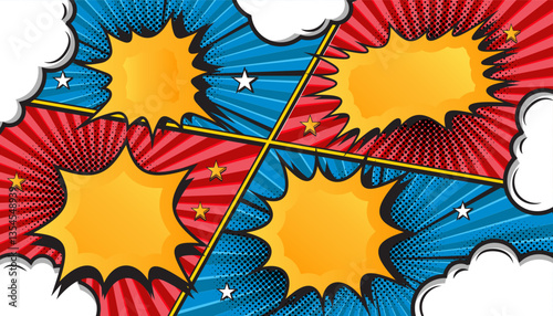 Colorful Retro Comic Explosion Background with Pop Art Style, Halftone Dots, Speech Bubbles, and Dynamic Action Bursts, Featuring a Set of Vibrant Comic Page Frames and blank Conversation Panels
