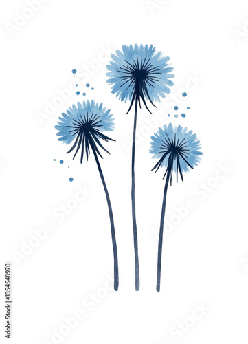 Blue watercolor dandelion seed heads on white