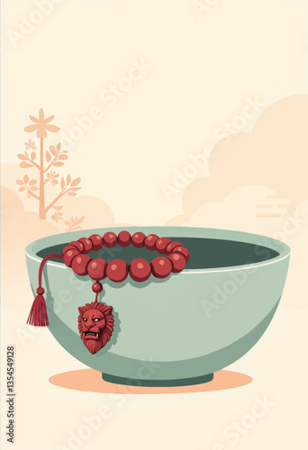 Bowl with Red Bead Bracelet and Lion Charm