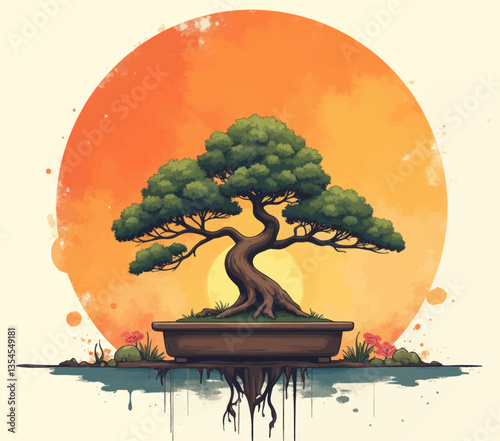 Bonsai tree on a pot with an orange sunset behind it