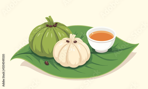 Cartoon Banh Gai with Tea on Leaf Plate