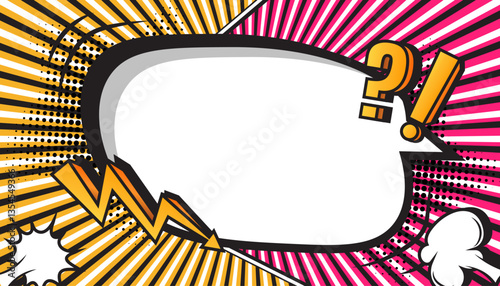 Colorful Retro Comic Explosion Background with Pop Art Style, Halftone Dots, Speech Bubbles, and Dynamic Action Bursts, Featuring a Set of Vibrant Comic Page Frames and blank Conversation Panels