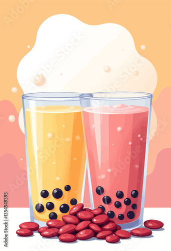 Bubble Tea Duo: Yellow & Pink Drinks with Red Tapioca Pearls
