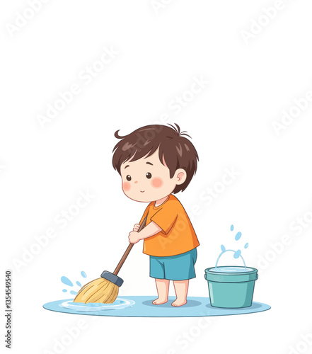 Cartoon boy mops a wet floor by a bucket