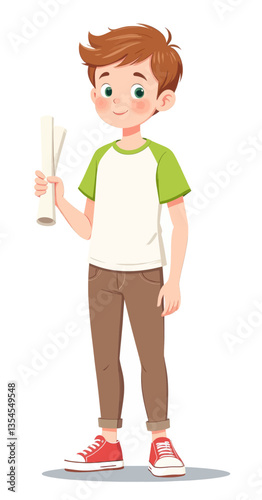 Cartoon boy holding a rolled document, wearing red sneakers