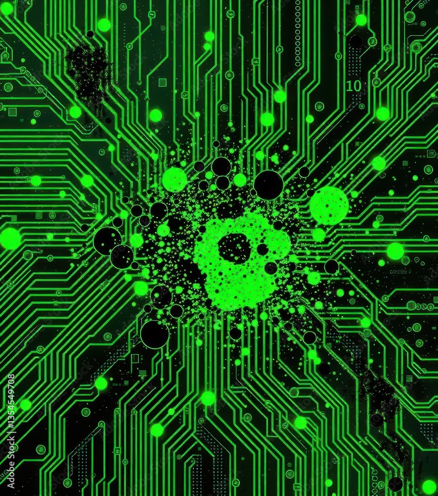 Obraz premium Abstract green tech splatter, circuit board texture, science, energy