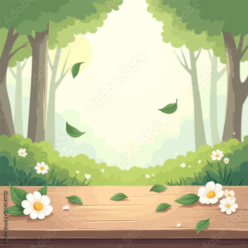 Cartoon Forest Scene with Falling Leaves and Daisies
