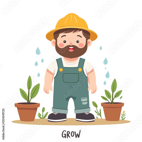 Cartoon Gardener with Plants and Water Droplets