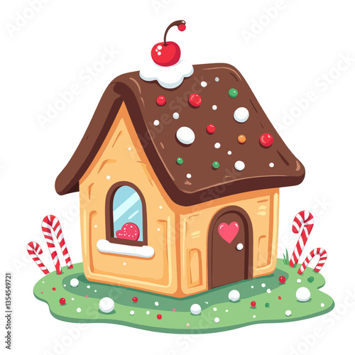 Cartoon gingerbread house with cherry on top
