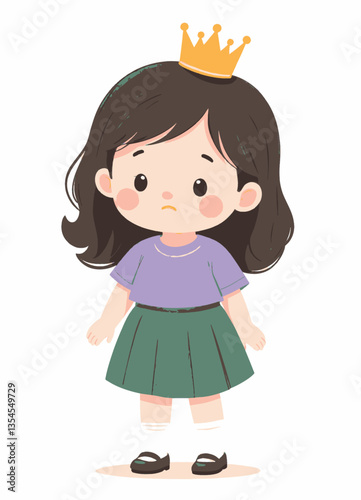 Cartoon girl with crown, brown hair, sullen expression