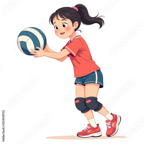 Cartoon girl with volleyball gear serving the ball