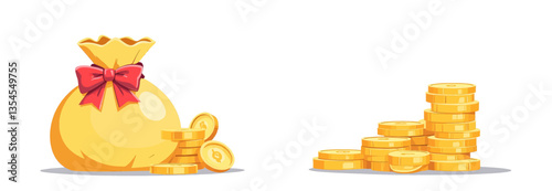 Cartoon gold coins stack beside a money sack with red bow
