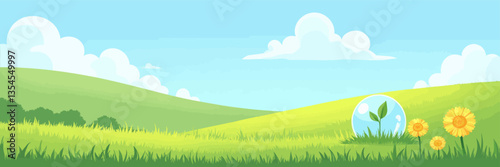 Cartoon Green Hills with Sprout Inside Bubble and Flowers