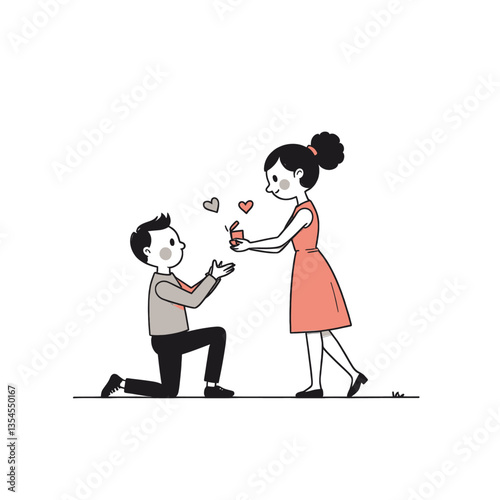 Cartoon Man Proposing to Woman with Ring Box
