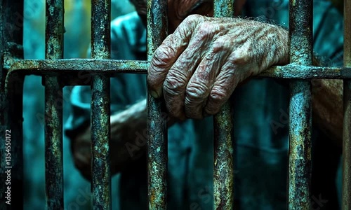 A Man Gripping the Iron Bars of His Prison Cell with Worn Hands in Dim Light Made with Generative AI Technology. Human Rights Day