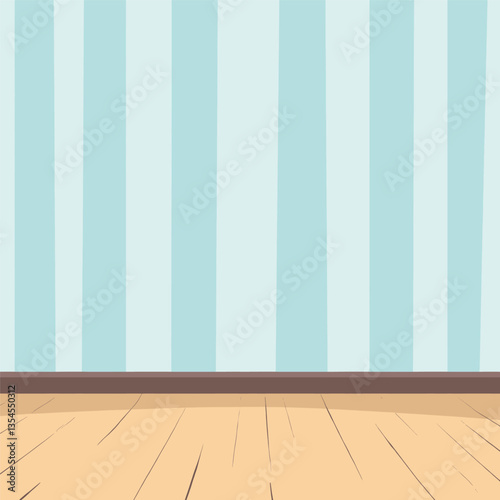 Cartoon Room Interior, Light Blue Striped Walls, Wood Floor