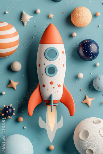 Colorful toy rocket among floating spheres and stars in blue space-themed background