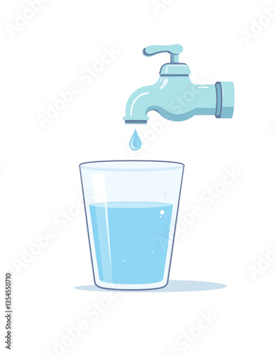 Cartoon Water Tap Filling Glass with Clean Water