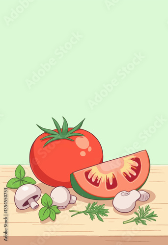 Cartoon Vegetables with Tomato, Basil and Mushrooms
