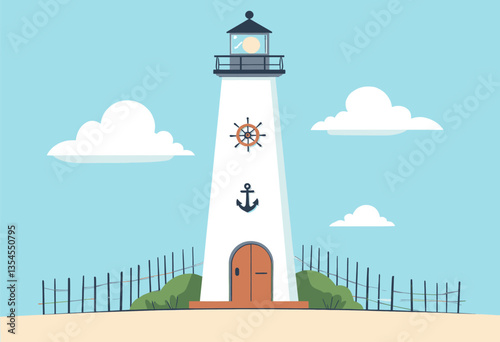 Cartoon White Lighthouse with Clouds and Blue Sky