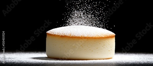 Delicious souffle cheesecake with powdered sugar falling on top against a black background