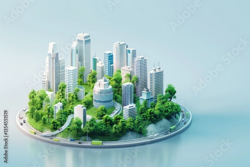 3D Isometric Smart City with Skyscrapers Buildings Roads and Green Tree Map Landscape Illustration