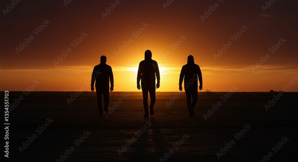 Three silhouettes walking towards a sunset on a beach  