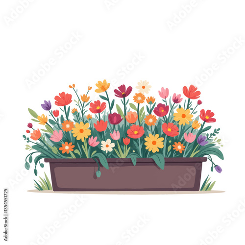 Colorful wildflower illustration in brown planter box